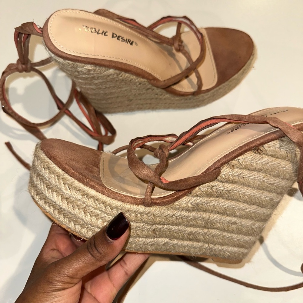 Public Desire Brown Wedge Sandals with Ankle Wrap